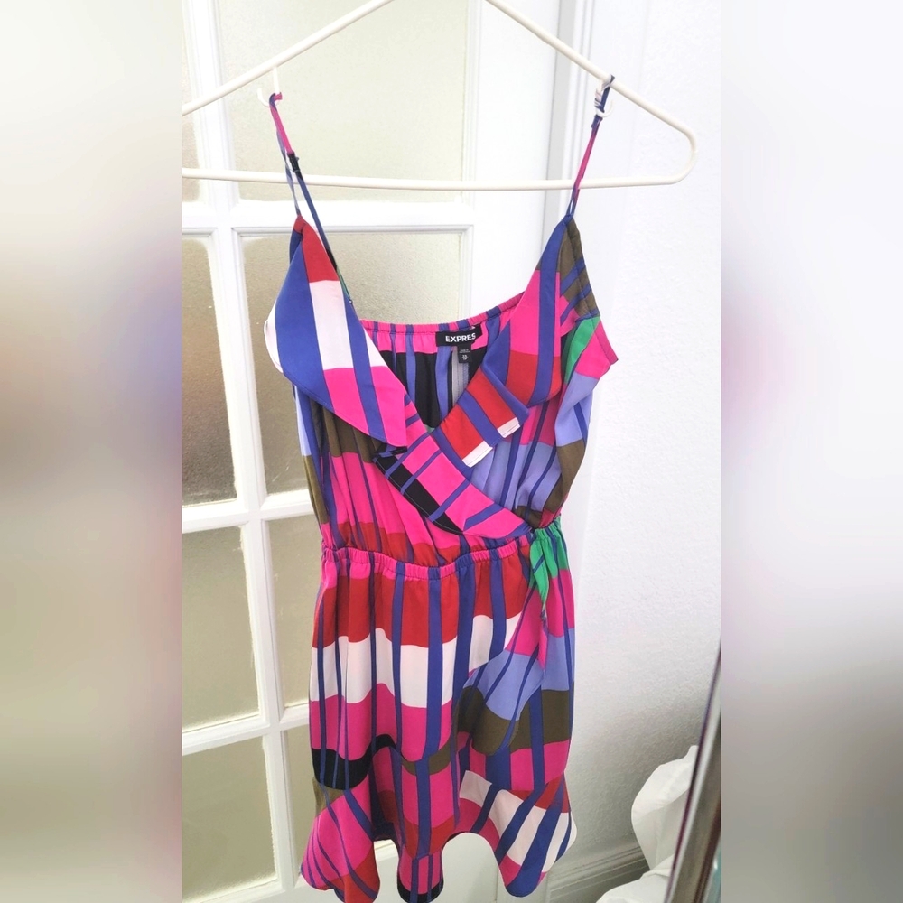 Express Asymmetrical Pink and Blue Dress with Flowing Silhouette